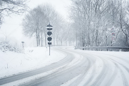 Snow on the road. Attention. Rent a car.